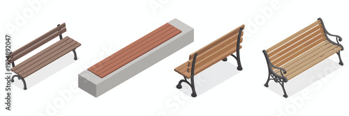 Isometric Wooden Benches, vector illustration