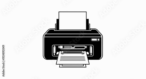 Black and white illustration of a printer printing documents, office equipment, technology concept