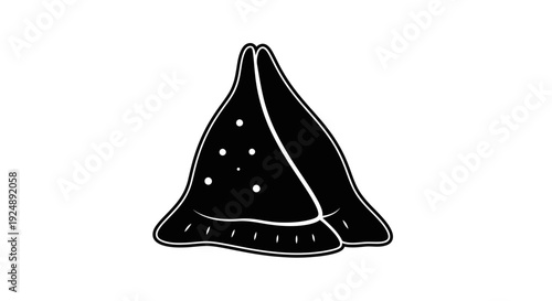 Black and white illustration of a samosa, a popular Indian snack, isolated on a white background.