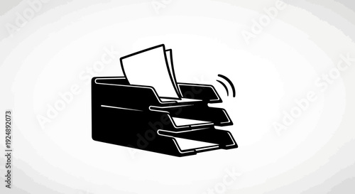 Black and white illustration of a stack of papers in a document tray with wavy lines indicating activity.