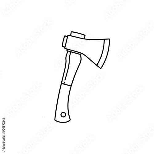 Minimalist hatchet vector icon, black and white line art axe illustration, hand tool for camping and wood cutting, isolated steel tomahawk