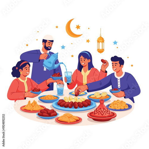 Joyful family gathering around a beautifully set festive table, sharing a traditional meal filled with delicious food and drinks, symbolizing togetherness and happiness during a special celebration