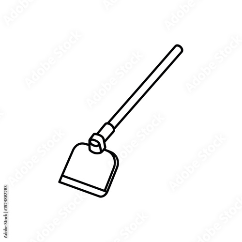 Minimalist garden hoe vector icon, simple black line art gardening tool, agricultural hand hoe for soil cultivation and weeding, isolated farm equipment