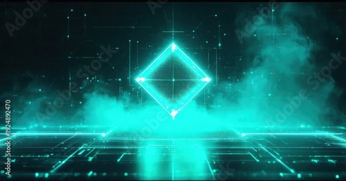 Bright cyan diamond shape floats above glowing lines. Digital network, futuristic design, dark background creates dramatic effect.