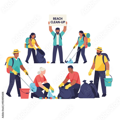 Community beach clean-up volunteers working together to remove litter and plastic waste from the shoreline