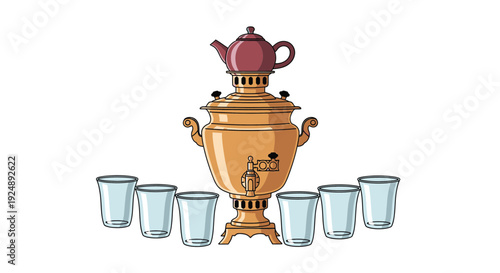 Traditional russian samovar with glasses and teapot on top gold and red isolated on white background