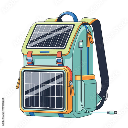 Illustration of an innovative backpack featuring integrated solar panels, perfect for sustainable outdoor adventures and keeping electronic devices charged anywhere