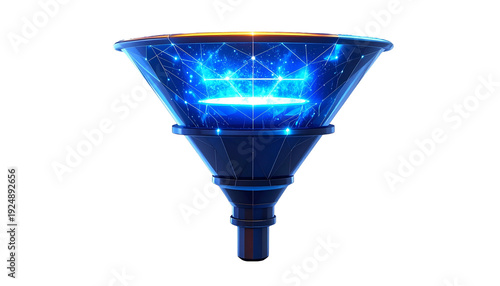 Futuristic, stylized funnel, glowing with blue internal energy & network patterns, dark background