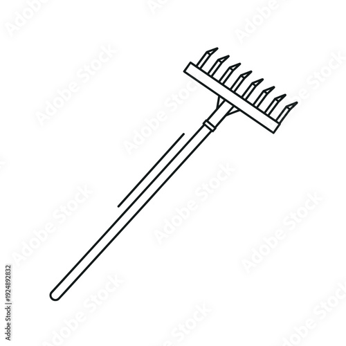 Minimalist garden rake vector icon, black and white line art of a manual soil rake, gardening hand tool for landscaping and yard work
