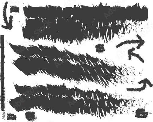 An abstract black and white image featuring bold brushstrokes and arrows