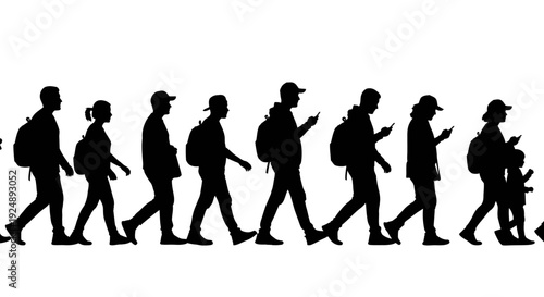 Silhouettes of a diverse group of people walking in a line, some looking at their phones.