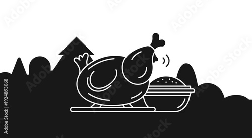 Stylized Chicken Eating from Bowl, Black and White Graphic, Farm Animal Icon