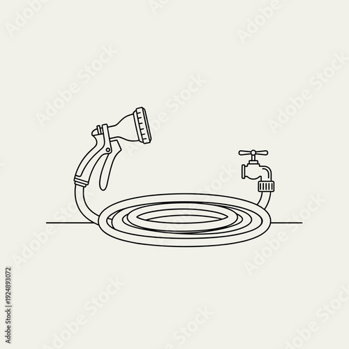 Minimalist garden hose vector illustration, coiled water pipe with spray nozzle and faucet, black line art gardening equipment icon