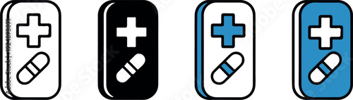 Four first aid kit icons with different color schemes