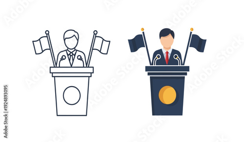 Two cartoon businessmen standing at podiums with flags on either side in a line drawing and a colored version