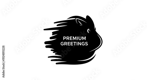 Black guinea pig silhouette with 'Premium Greetings' text, dynamic motion blur effect