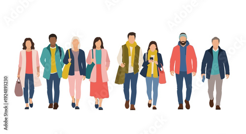 A diverse group of casually dressed men and women of various ages walking together in a line.