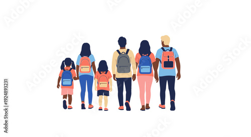 A diverse group of six people, including children and adults, walking away from the camera with backpacks on, suggesting a journey or the start of a school day.