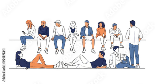 A diverse group of young adults are depicted in a stylized illustration, some sitting on a ledge and others lounging on the ground.