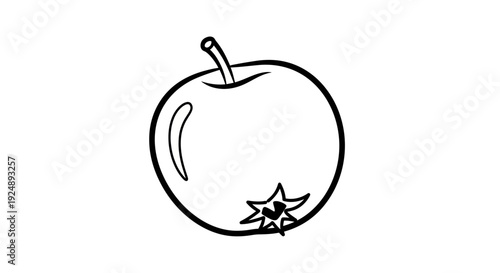 Simple black and white line drawing of a fresh apple with a stem and leaf, isolated on white background.