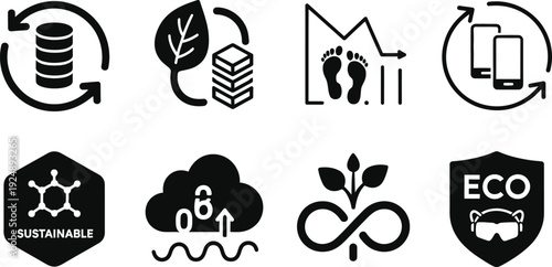 A collection of eco-friendly icons on a white background