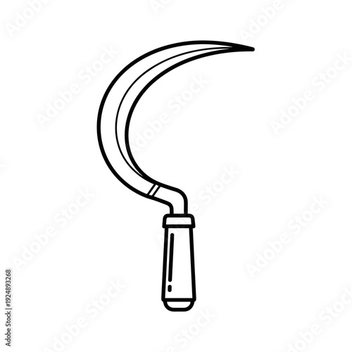 Vintage sickle vector illustration, hand drawn agricultural tool icon, rustic curved blade for farming and harvesting, isolated black outline