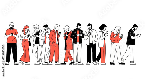 A diverse group of people standing in a line, all engrossed in their smartphones, illustrating modern digital connection.