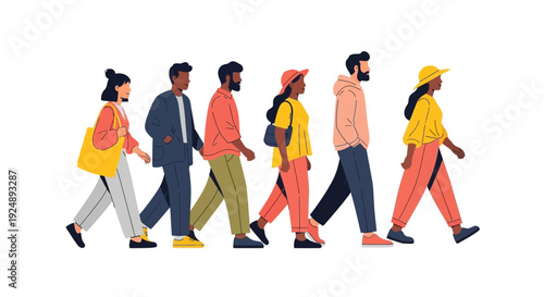 A diverse group of six people walking in a line from left to right, depicted in a flat, modern illustration style.