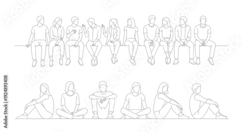Line art illustrations of diverse groups of people sitting in various poses, both on a raised surface and on the ground.