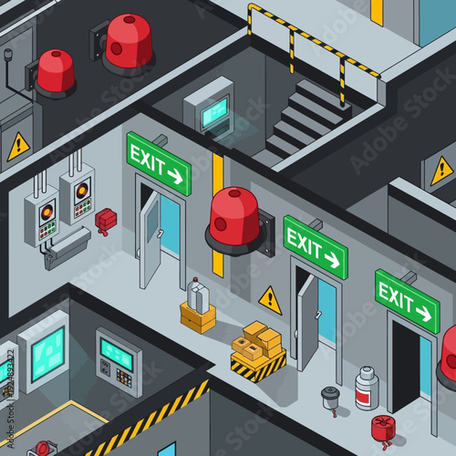 Isometric illustration of an industrial facility with multiple exit signs and safety equipment.