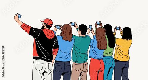 A diverse group of friends taking a group selfie with their smartphones.
