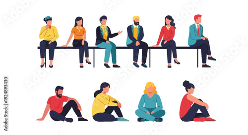 Diverse group of people sitting on a bench and on the floor, showcasing variety in age, gender, and attire.