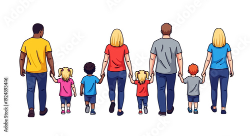 A diverse group of parents and children walking together, holding hands, symbolizing family and unity.