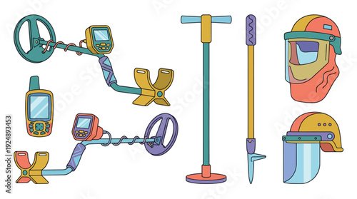 Metal Detecting Equipment & Treasure Hunting Tools Set with GPS, spade, and safety helmets for outdoor hobby and exploration, vibrant flat outline vector illustration.