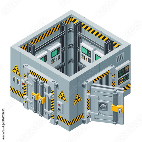 Isometric illustration of a secure underground bunker with warning signs and multiple doors.