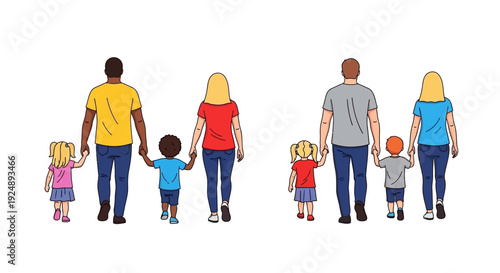 Two families, each with two parents and two children, walking away from the viewer, holding hands.