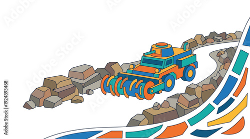 Mine Flail Armored Vehicle clearing obstacles on a rocky road, representing military engineering and defense in a vibrant isometric cartoon vector illustration.