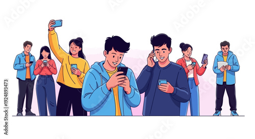 A diverse group of young adults are engrossed in their smartphones, some taking selfies, others texting or talking, illustrating modern digital communication.