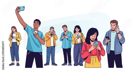 A diverse group of young adults are engrossed in their smartphones, with one person taking a selfie.