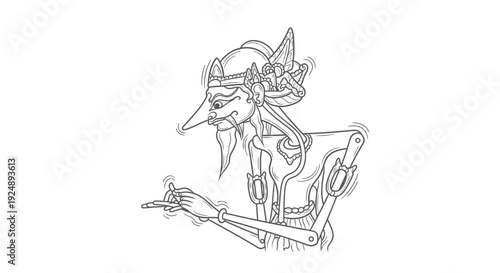 Traditional Indonesian Wayang Kulit Puppet Character Outline Drawing