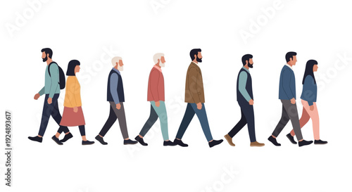A diverse group of people of various ages and genders walking in a line from left to right.