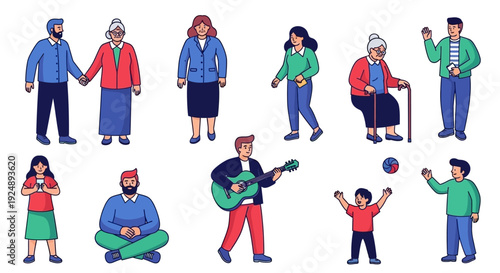 A diverse group of people of various ages and genders are depicted in a colorful illustration, engaged in different activities.