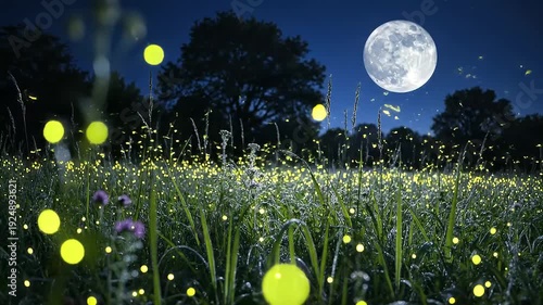 Fireflies dancing under full moonlight summer.