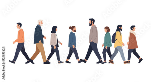 A diverse group of people of various ages and genders walking in a line from left to right.
