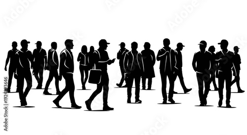 A diverse group of people walking in silhouette against a white background, some looking at phones.