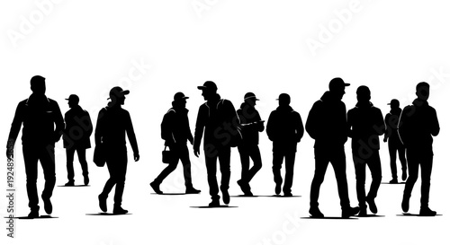 A diverse group of people walking in silhouette against a white background.