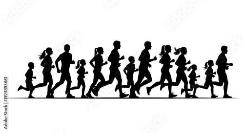 A diverse group of people, including adults and children, are silhouetted as they run together in a line, suggesting a community event or a fun run.
