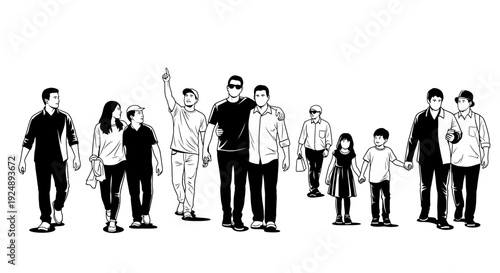 A diverse group of people of various ages and genders walking together in a line, depicted in a black and white illustration style.