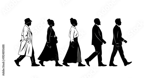 Silhouettes of five people in historical attire walking in the same direction against a white background.