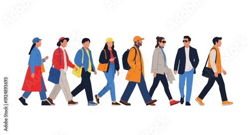 A diverse group of people walking in a line, showcasing various styles of clothing and accessories.